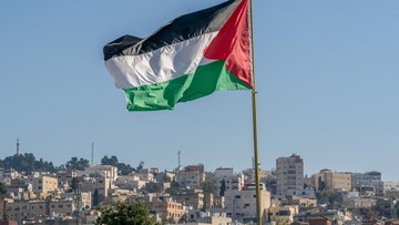 Bendera Palestina yang besar berkibar di atas kota. (Getty Images/Artaxerxes Longhand)